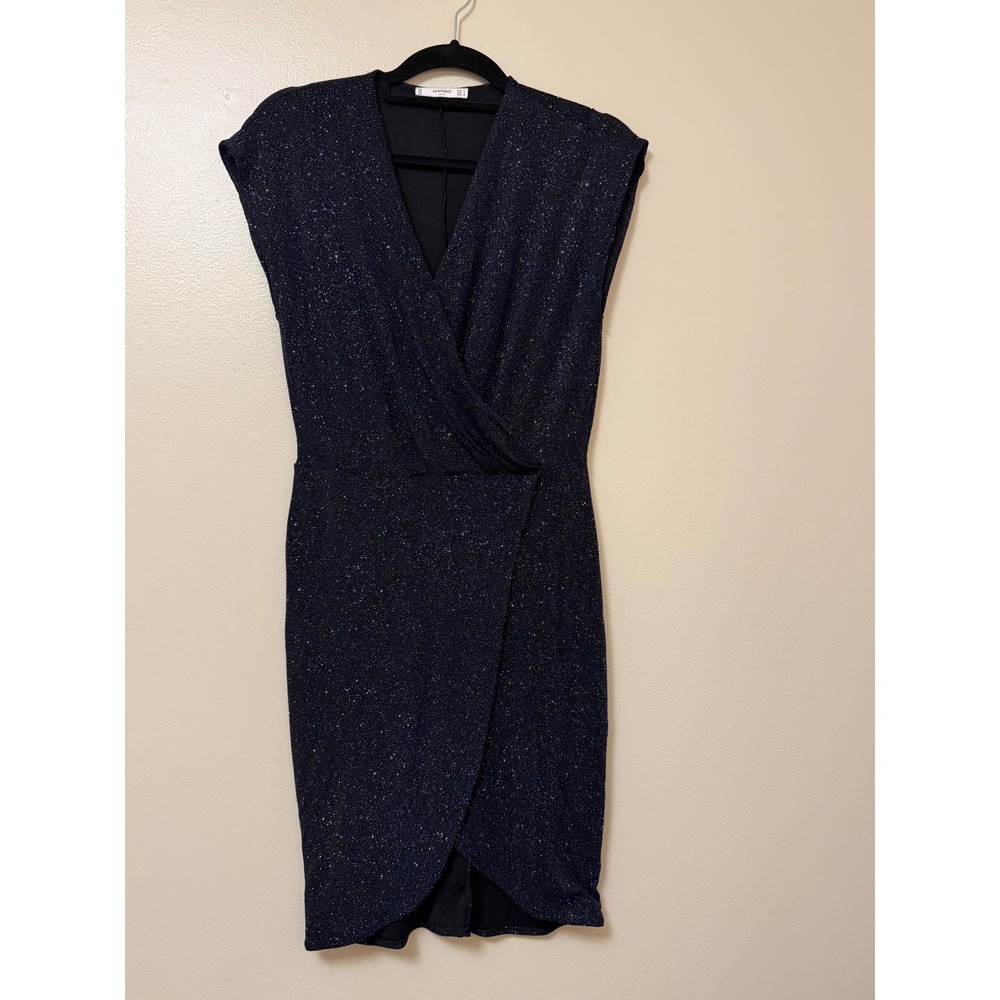 Mango Navy Blue Glitter Wrap Dress Metallic Shimmer V-Neck Cocktail Medium